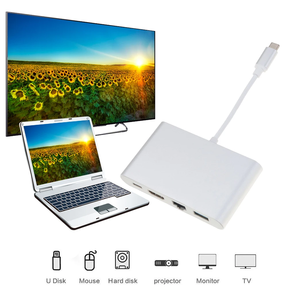 Kebidu 4 в 1 USB-C концентратор адаптер USB 3,1 Тип C к HDMI 4K Gigabit Ethernet RJ45 USB 3,0 многопортовый цифровой видео конвертер