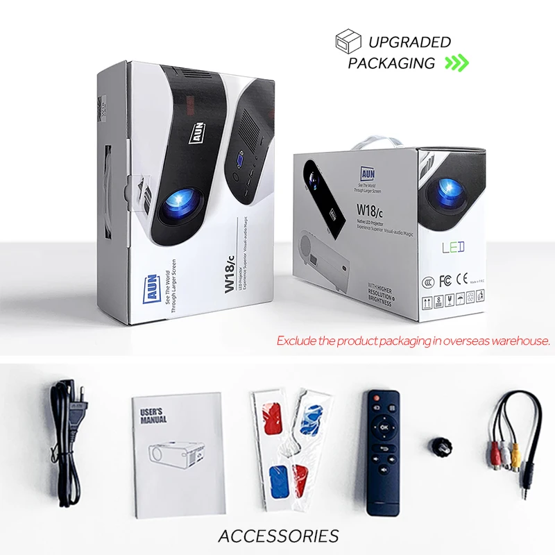 Aun mini projetor w18, 2800 lumens (opcional android 6.0 wifi w18d), suporte completo hd 1080p led projetor 3d casa teatro-5