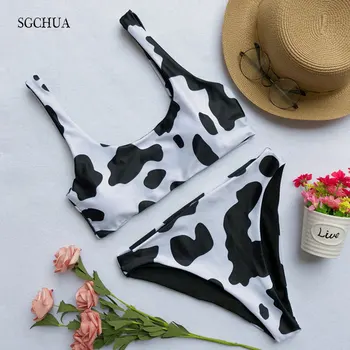 

SGCHUA New Cow Print Bikini Women Beach Biquini White and Black Swimsuit May Beachwear High Waist Swimwear Sport Bathing Suit