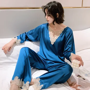 

2020 Women's Spring and Autumn New Long Sleeve Long Pants Pajamas Set Pullover Silk Leisure Tops Two-Piece Pajama Set