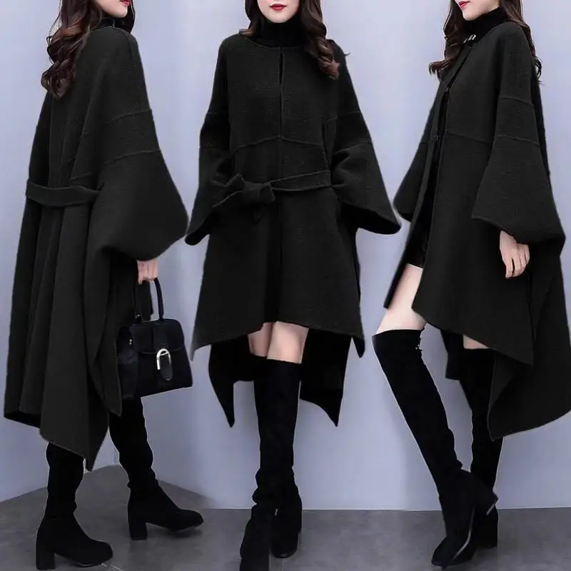 Осень Зима женский плащ шерстяное пальто популярное шерстяное пальто женское корейское Свободное длинное высококачественное пальто размера плюс 3XL - Color: Black