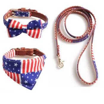 

Amin Lattice Pet Collar America National Flag Three-piece Set Bow Triangular Binder Set England Dog Collar Hand Holding Rope