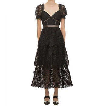 

Summer Women's Party Dress Elegant Sexy V-neck Short Sleeve Vintage Black Lace Long Dresses Fashion Summer Dress For Women