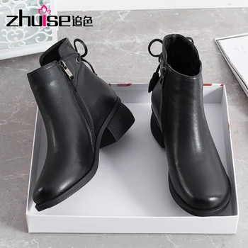 

Square heel women's short boots single boots mid-heel 2020 autumn and winter new leather shoes flat bottom Martin boots leather