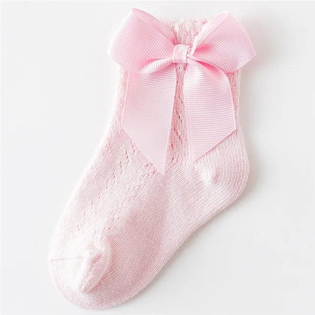 Summer Baby Girls Socks Toddlers Bow Long Sock Kids Knee High Soft Cotton Mesh Spanish Style Children 0-5 Years Breathable Socks Light Pink