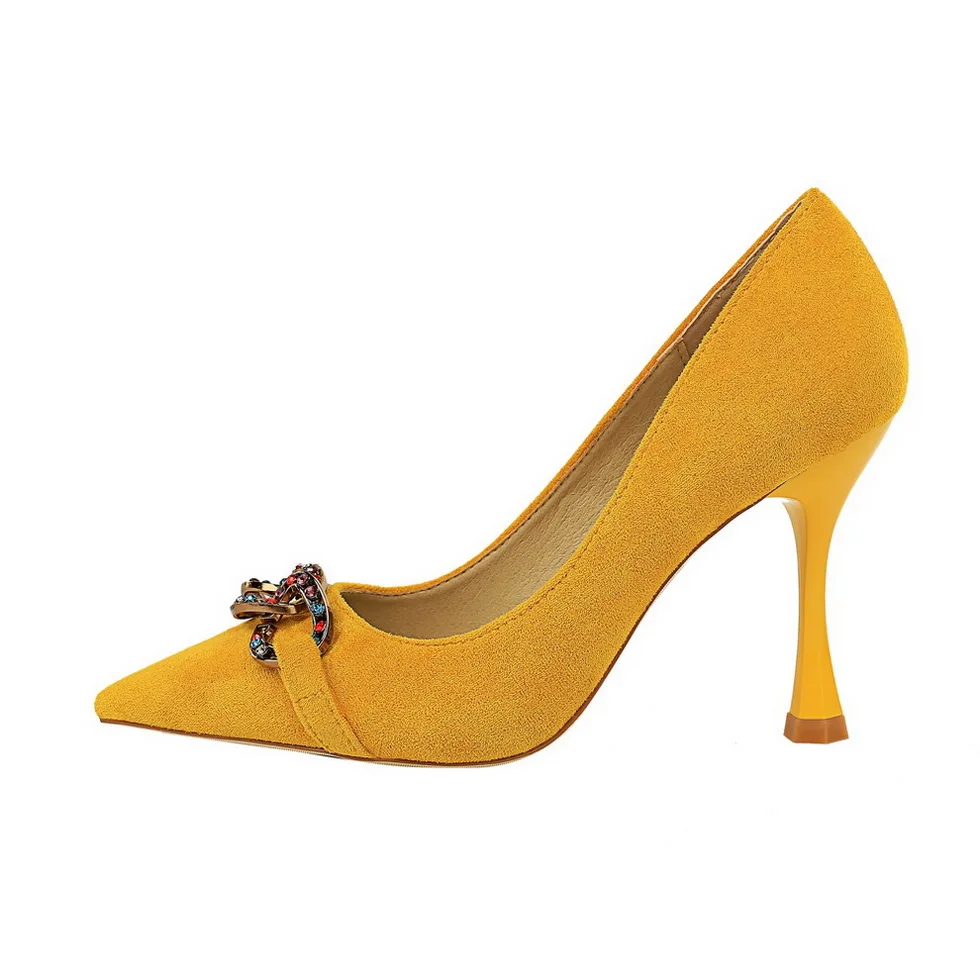 Женские свадебные туфли-лодочки на высоком каблуке 9,5 см, украшенные кристаллами; женские туфли-лодочки на выпускной; цвет желтый; Роскошные красные пикантные блестящие туфли для офиса