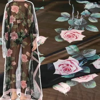 

pink rose digital printed chiffon fabric scarf soft thin clothing tissus for dress shirt Patchwork sewing DIY garment Needlework