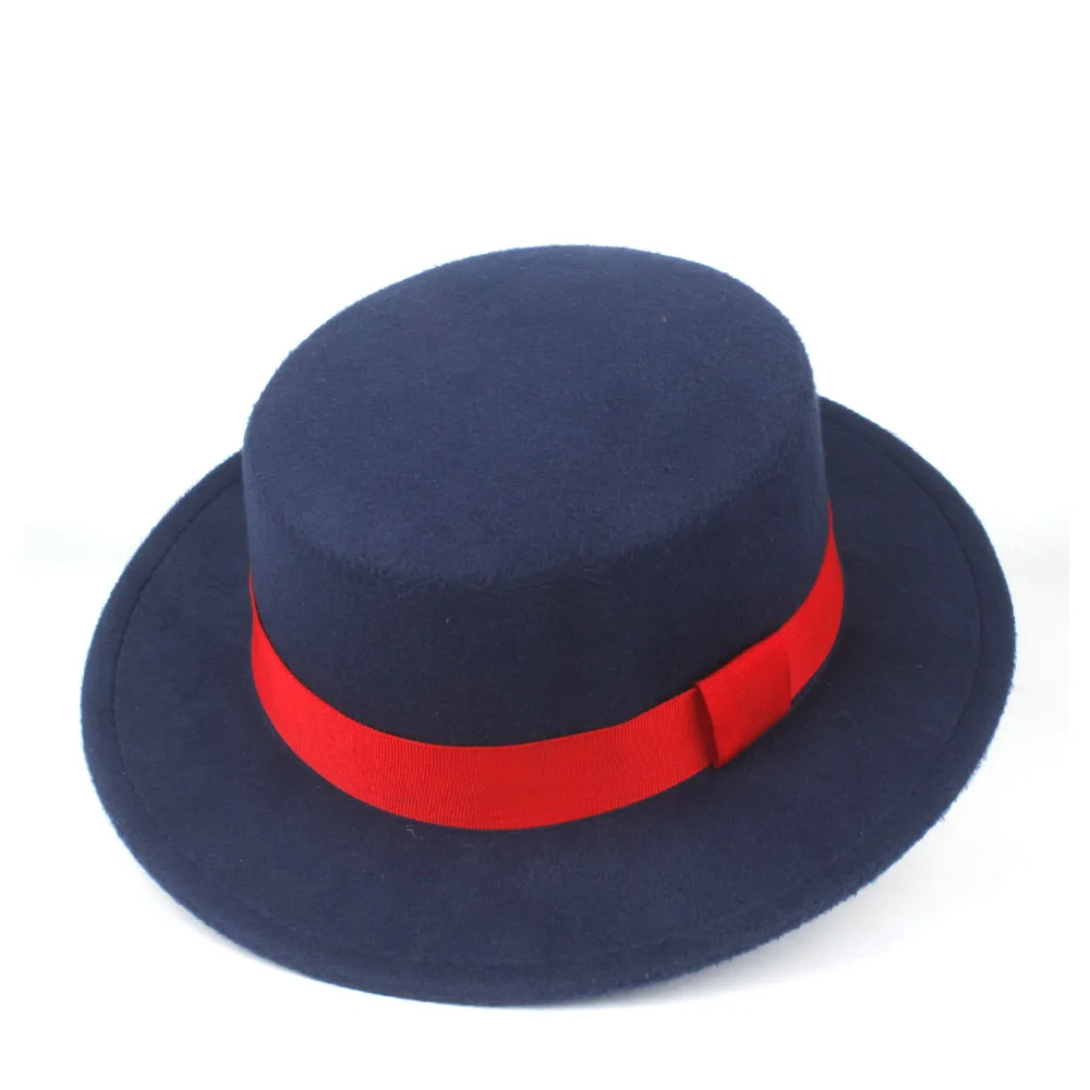 Dark Blue Шерсть для мужчин и женщин с плоским верхом Fedora Шляпа с красной лентой шерсть Трилби свиной пирог батер джазовая шляпа размер 56-58 см - Цвет: Dark Blue