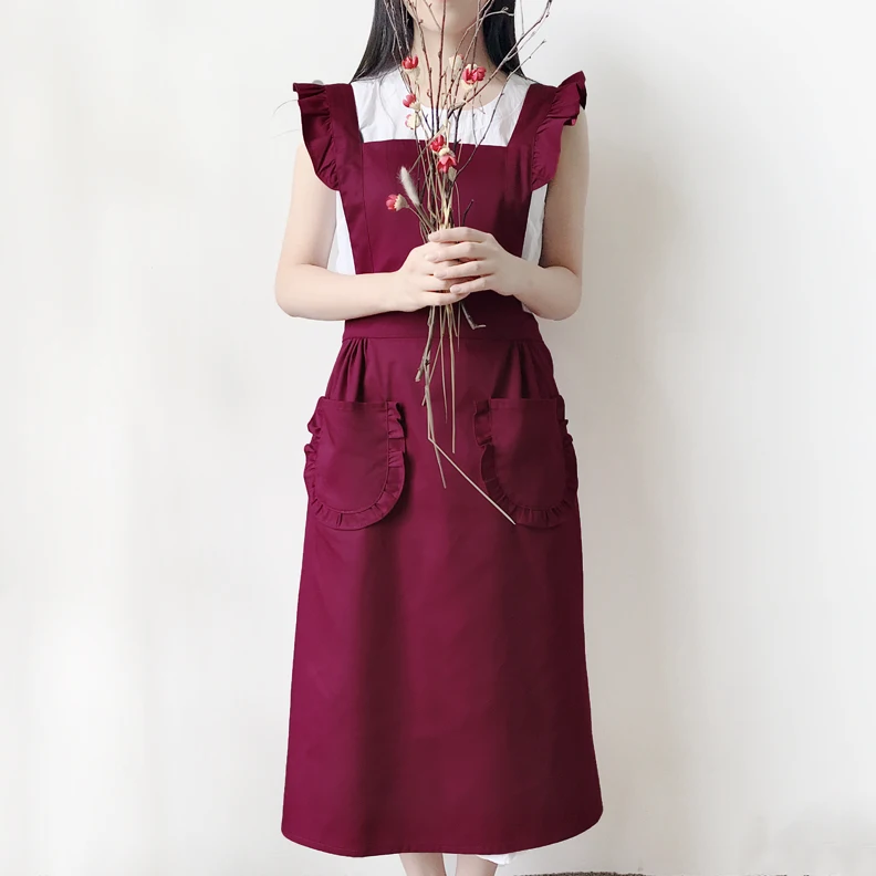 B style-wine red Супер Размер Ретро Регулируемый хлопок кухня женские фартуки цветочный магазин халат Пользовательский логотип приготовления выпечки Чистка костюм горничной - Цвет: B style-wine red