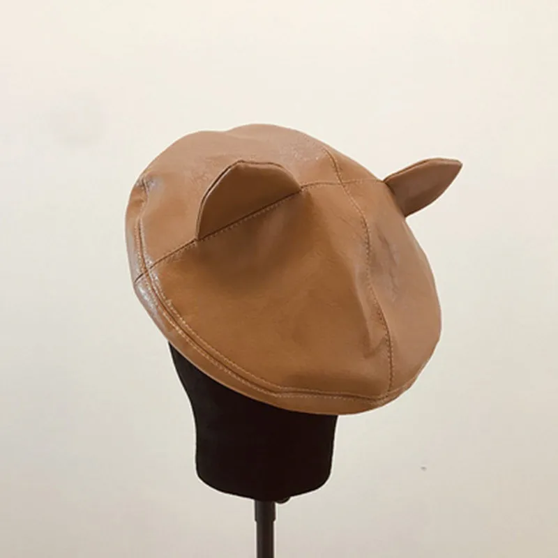 

Spring and autumn cute cat ears cute pop style girl pink and tender Pu washable leather material fashion hat girl