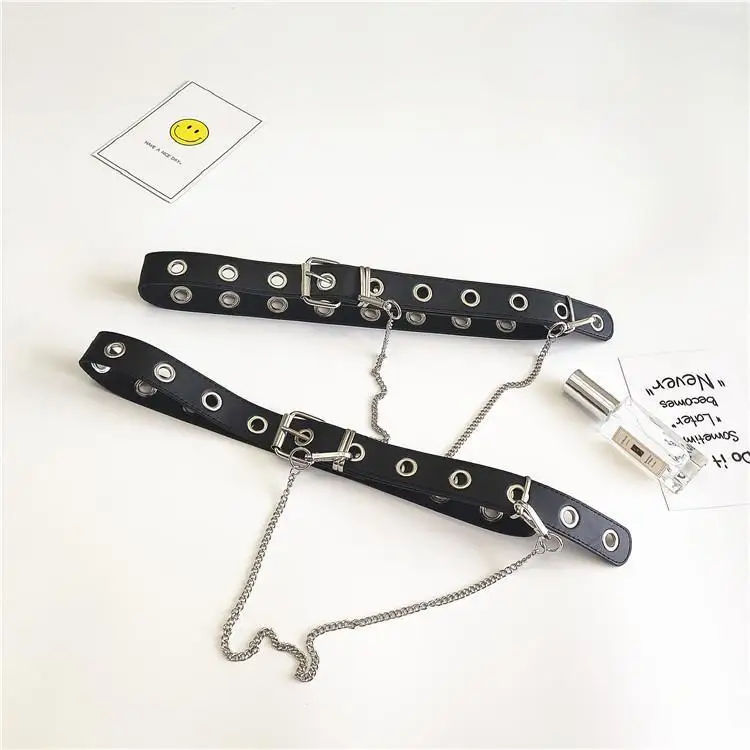 

New Fashion ladies Black Punk Gothic Faux Leather Belt Metal Chain Ring Waist Waist Belts Long Belts Strap Street Dance Decor