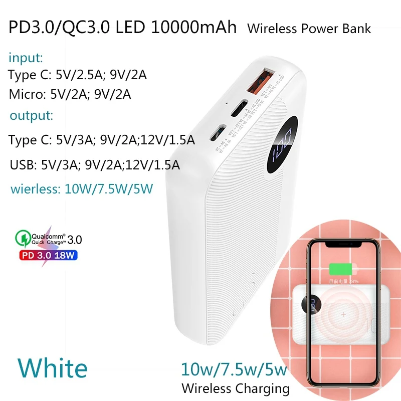 LED PD wireless ROCK мини беспроводной внешний аккумулятор 10000 мАч светодиодный 18 Вт Тип C PD QC 3,0 внешний аккумулятор для iPhone X Xr Xs Max 8 - Цвет: LED PD wireless