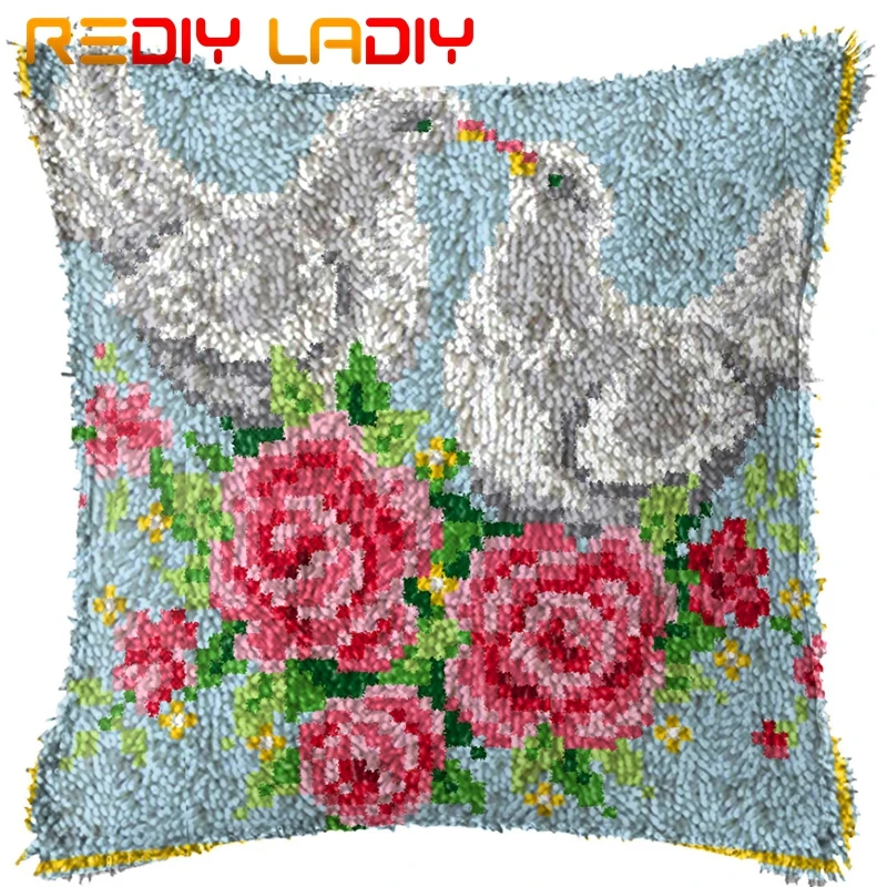 Latch Hook Kit Make Your Own Cushion Birds Flowers Pre-Printed Canvas Crochet Pillow Case Latch Hook Cushion Cover Arts& Crafts