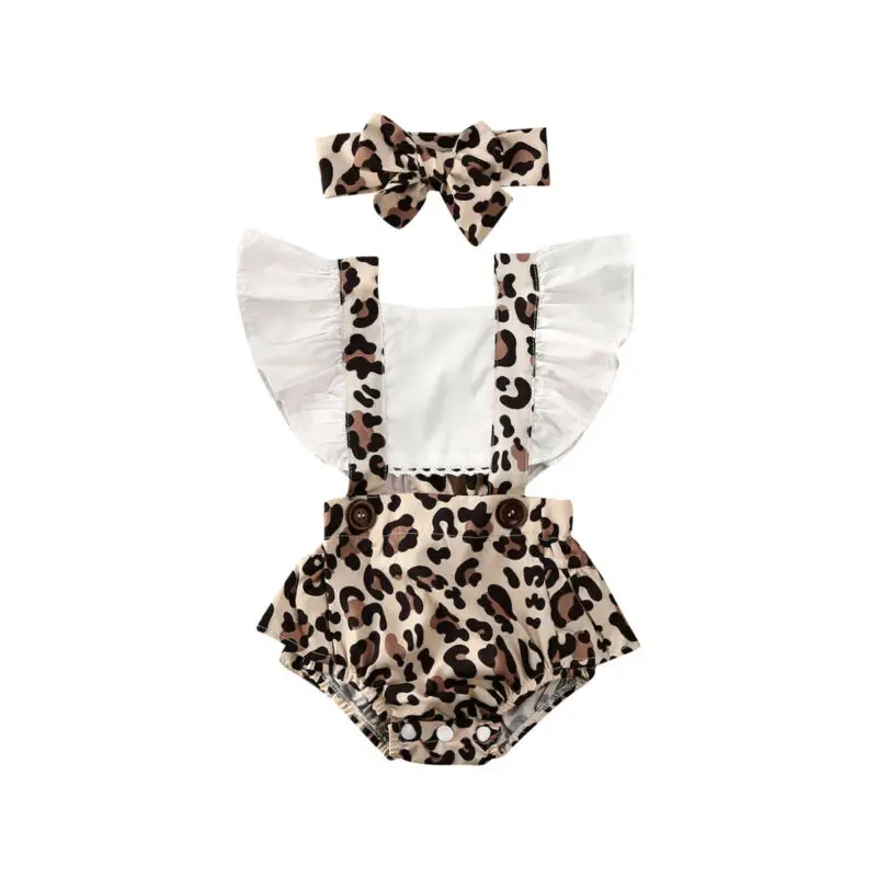 

2Pcs Newborn Baby Girl Leopard Jumpsuit Headband Clothes Ruffles Short Sleeve Patchwork Backless Bodysuits 0-24M