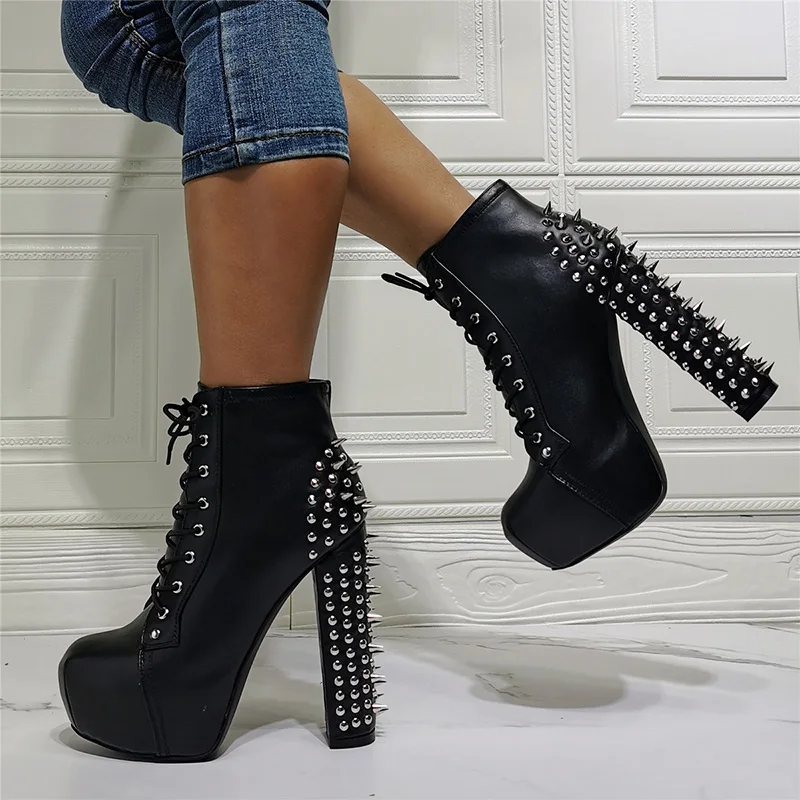 Olomm Women Platform Ankle Boots Sexy Studded Square High Heels Round Toe Elegant Black Night Club Shoes Women Plus US Size 5-15