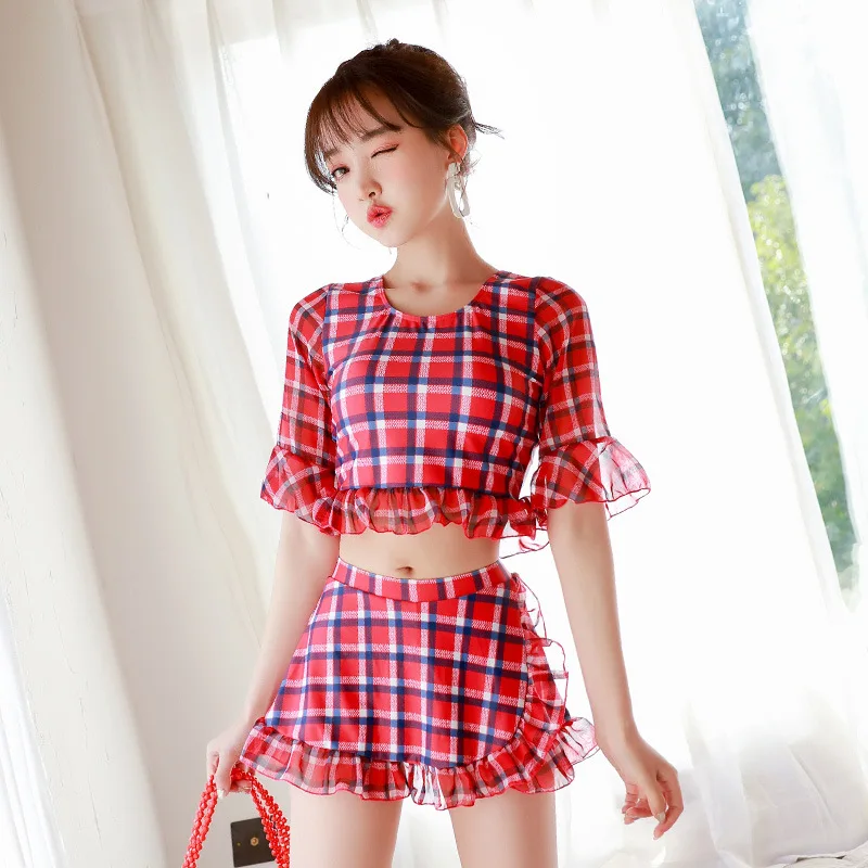 

New Style Split Type Backless Belly Covering Slimming Plaid Korean-style Graceful Small Bust Gathering Large Size Beach Swimsuit