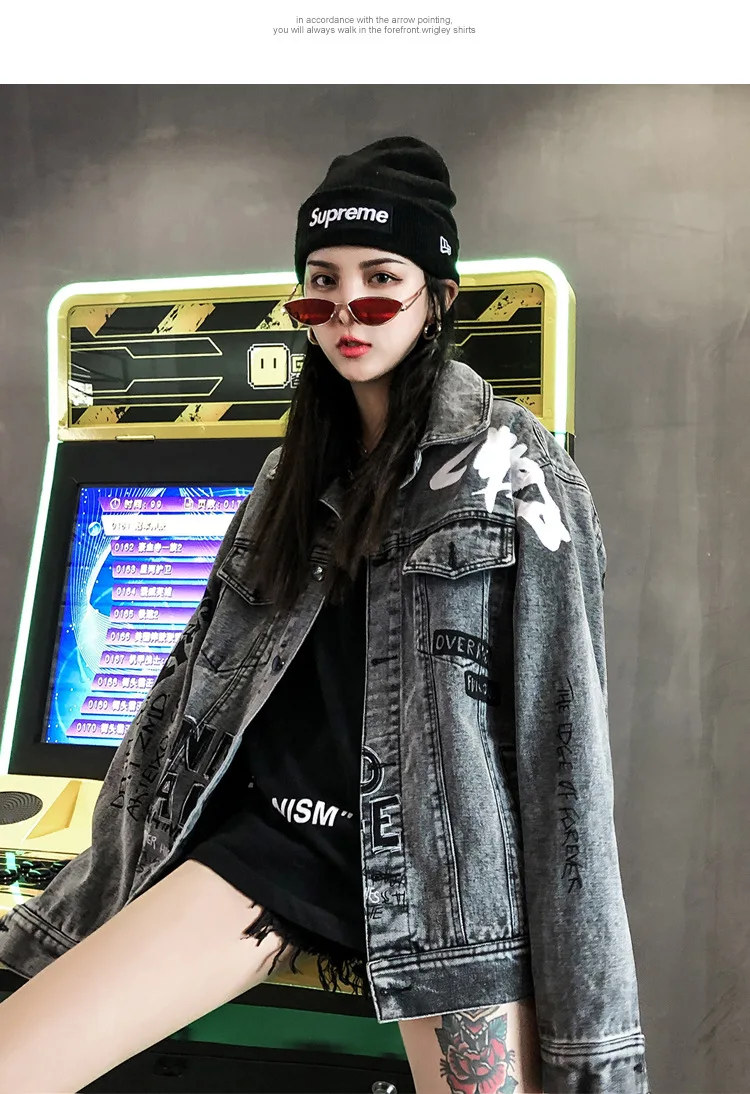 BF Harajuku граффити джинсовая куртка весна осень Винтаж Пара куртка для мужчин и женщин с буквенным принтом свободные хип-хоп джинсы джинсовая куртка