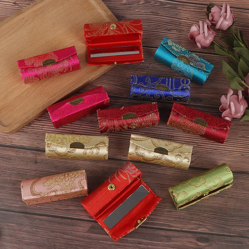 Женский чехол для губной помады в стиле ретро с вышитыми цветами и зеркальной