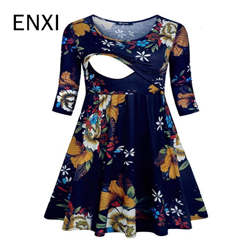 

ENXI 2019 Summer Autumn Maternity Dresses Round Neck Half Sleeve Floral Print Pregnancy Dress Lactation Breastfeeding Dress