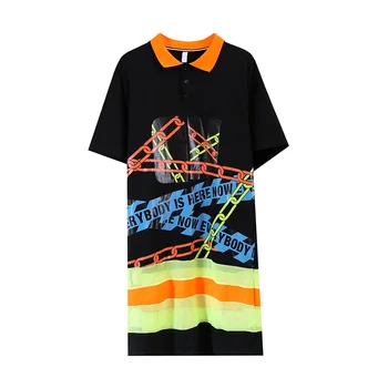 

Women's dress Thailand tide brand long polo collar loose short sleeve t-shirt female net red dress stitching dress summer