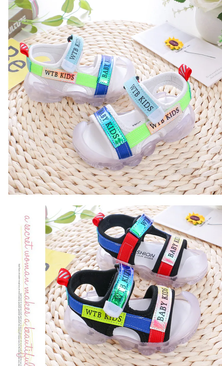 Summer Boy Toddler Sandals Letters Colorful Led Light Shoes Baby Girl Shoes Wear-resistant Kids Fashion Luminous Sandals extra wide fit children's shoes