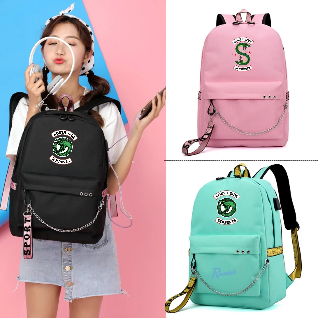 

US Drama Riverdale River Valley Town with The Same Backpack Schoolbag Korean Student Female Large Capacity USB Charging Bag