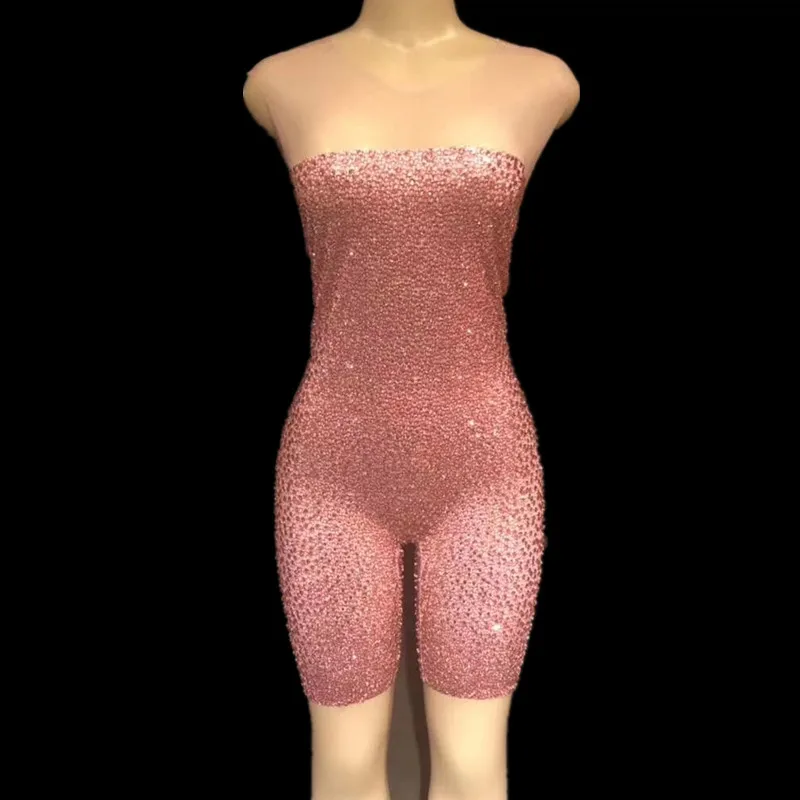 

Women Full Pink Crystals Strapless Tight Fitting Dance Performance Clothes Women's Classical Skinny Nightclub Style DJ Costumes