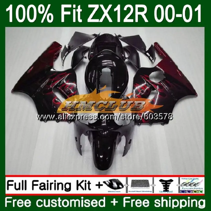 Подходит для литья под давлением для KAWASAKI ZX 1200 1200CC ZX12R 00 01 112CL. 0 ZX1200 ZX 12 R 12R ZX-12R 2000 2001 обтекатель OEM Красный Пламя blk