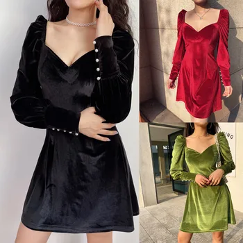 

Women Dress 2020 Lady Fashion Sexy V-Neck Long Lantern Sleeve Gold Velvet A-Line Dress Beach Party Dress Vestidos de fiesta