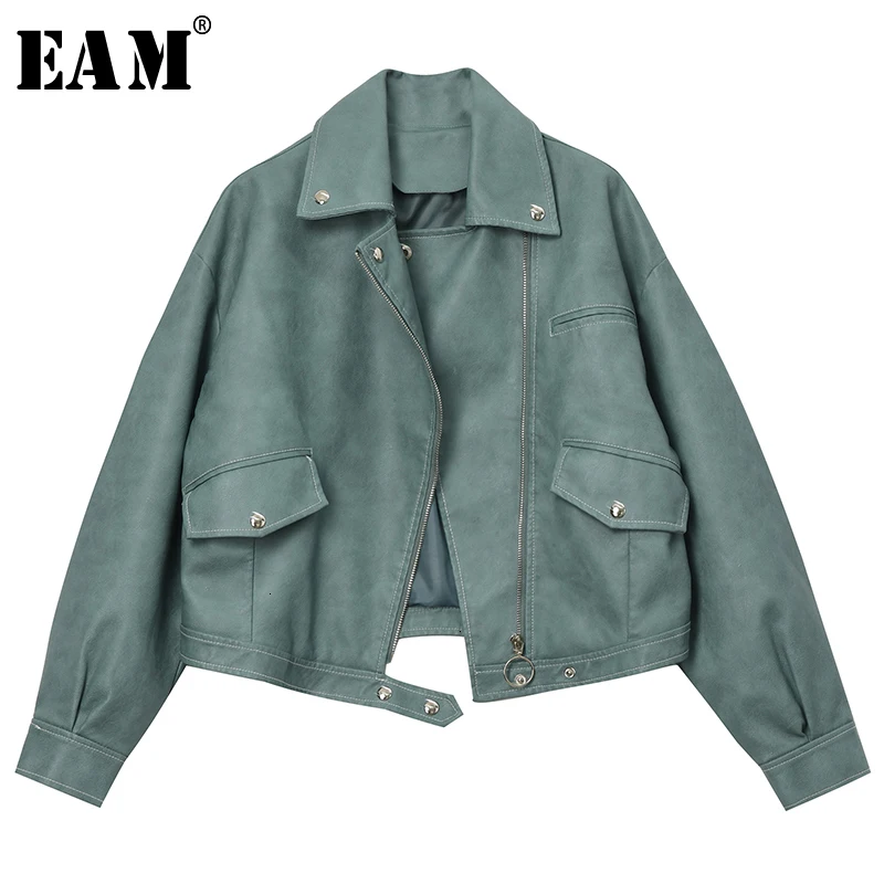 [EAM] Loose Fit Black Pu Leather Pocket Short Jacket New Lapel Long Sleeve Women Coat Fashion Tide Autumn Winter 1K530