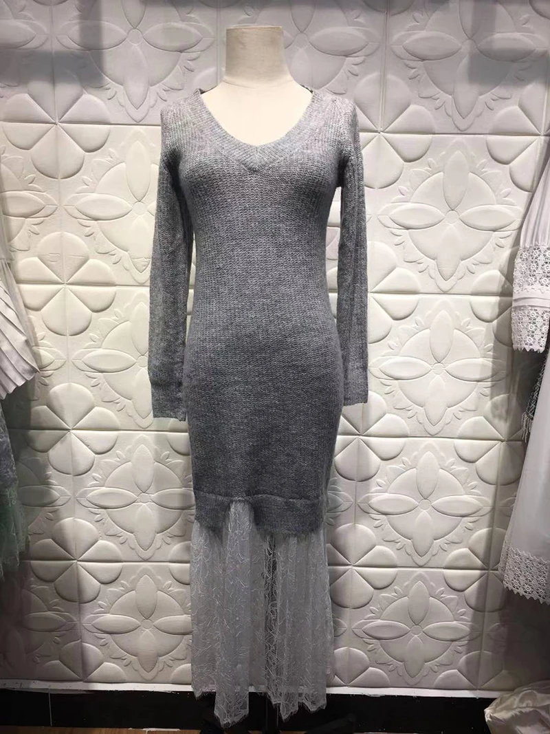 [LIVIVIO] Вязание Лоскутное Кружево Подол V образным вырезом с длинным рукавом платья для женщин осень зима мода