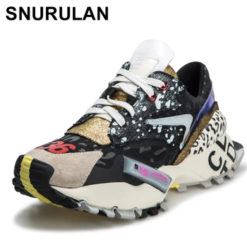 

SNURULAN Women's high-quality sneakers made of genuine leather New 2019 spring sneakers on a thick flat platform Graffiti shoes