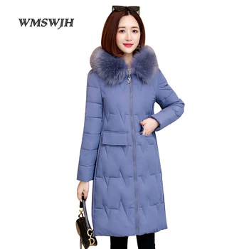 

2019 Winter Jacket Women Beige Black Solid Long Coat Artificial raccoon fur collar Cotton Padded Outwear Ladies Slim Parka