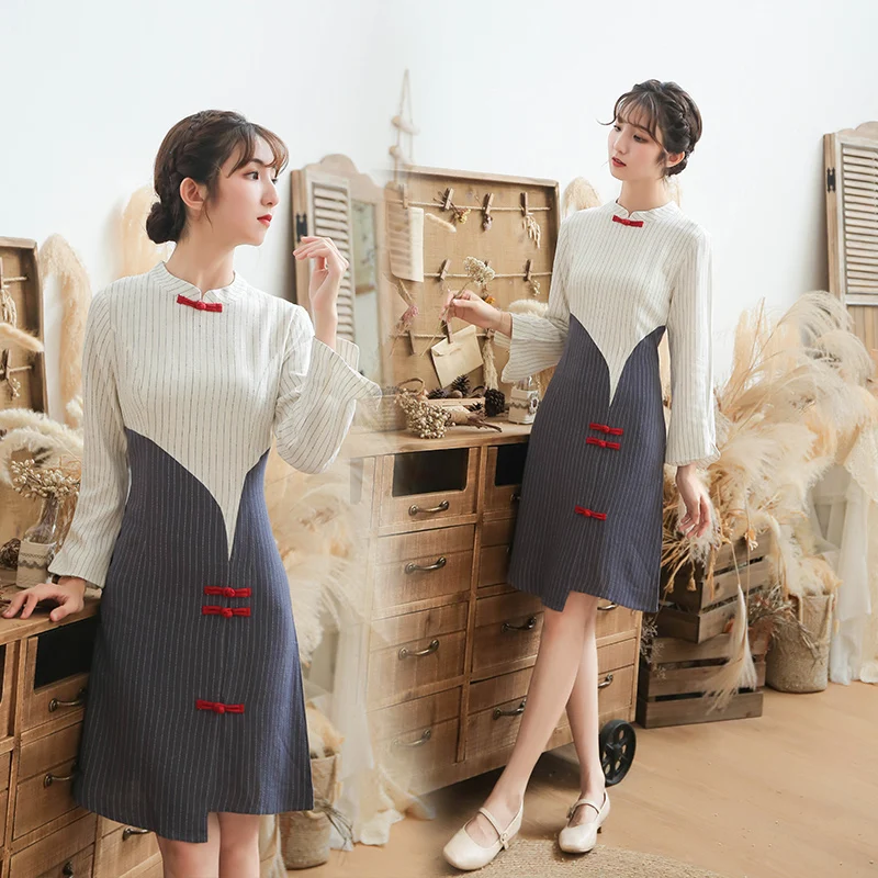 Осеннее новое оригинальное платье в национальном стиле qipao с отстроченными пуговицами, 7 минут, с рукавами, развивающее нравственное платье