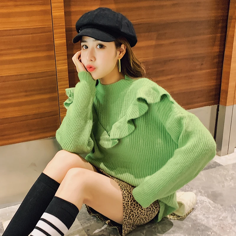 

Women Solid Full Sleeve Ruffles Sweaters Pullovers Girls Soft Cashmere Chic Tops Pullover Sweater For Female 2019 Winter