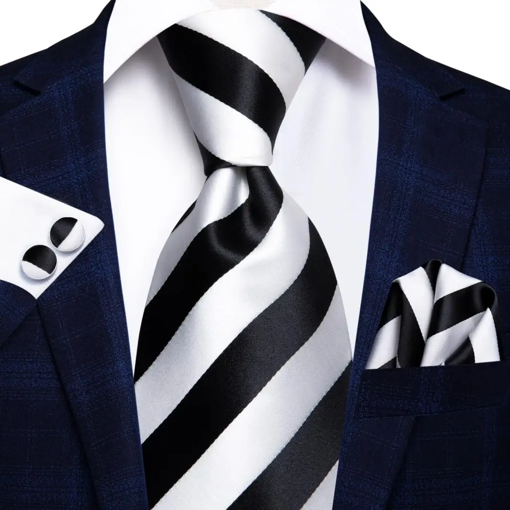 Neck Tie Hi-Tie White Black Red Striped Novelty For Men Silk Wedding Gravat Hanky Cufflink Fashion Design Business