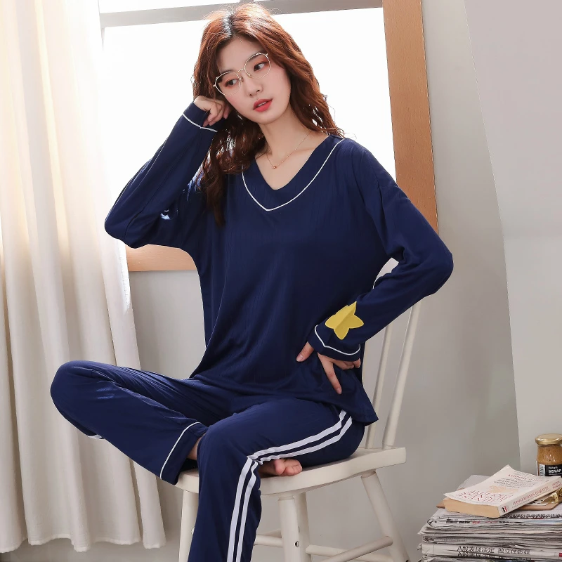 Kopen Herfst En Winter Grote Code V hals Vrouwen Nachtkleding Pak Lange Mouw Broek Puur Katoen Vrouwen Nachtkleding Dames Pyjama