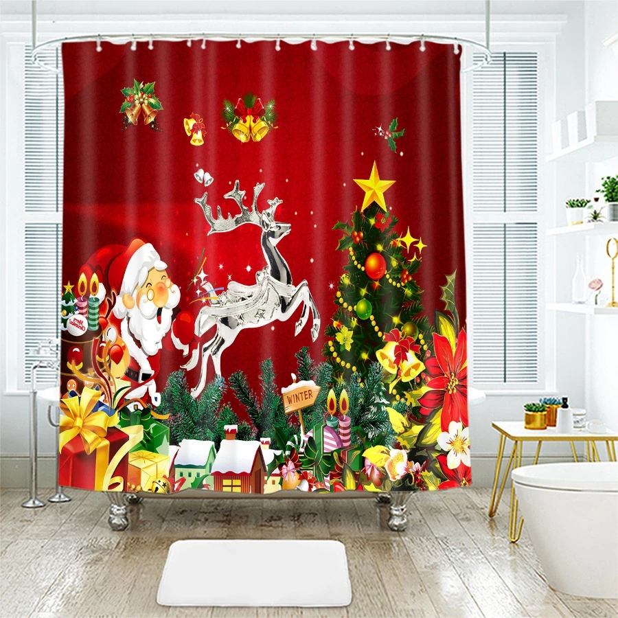 3d Red Christmas Shower Curtains Flower Bulb and Santa Claus Waterproof Thickened Bath Curtains for Bathroom Customizable