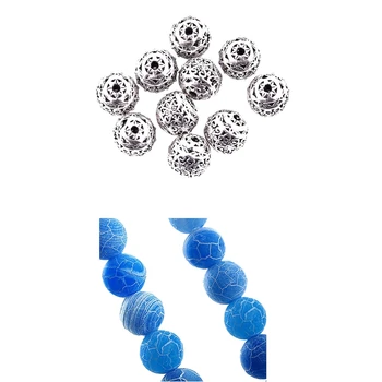 

1x Blue Fire Dragon Veins Agate Gem Round Beads 8mm & 10PCs Hollow Flower Spacer Beads Round Ancient silver 11mm x 10mm