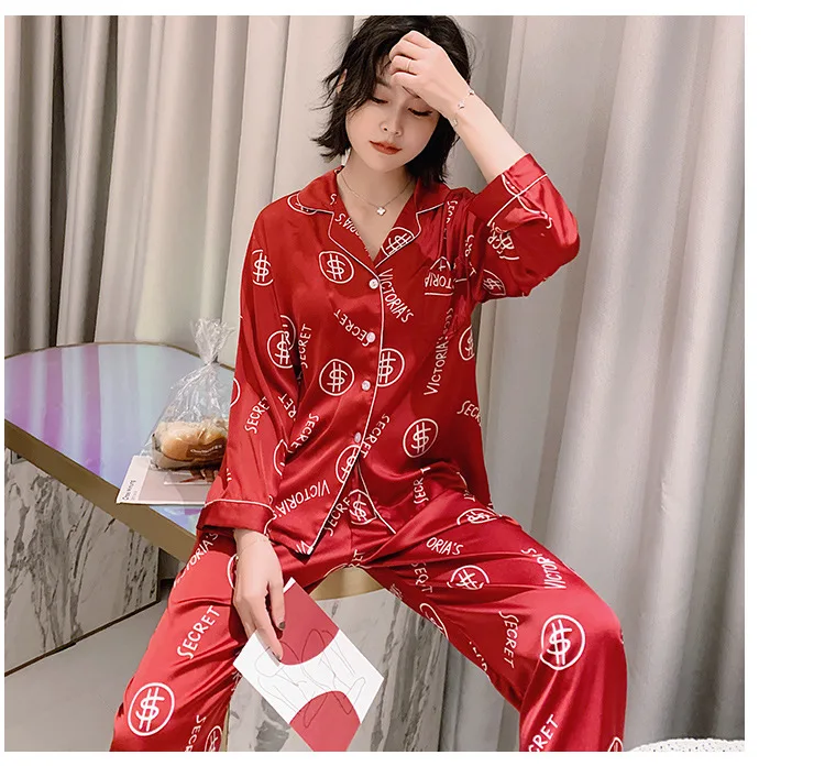 Весна осень женский атласный Шелковый набор пижам пижамы милые пижамы с длинным рукавом пижама с длинным рукавом отложным пижамы с воротником