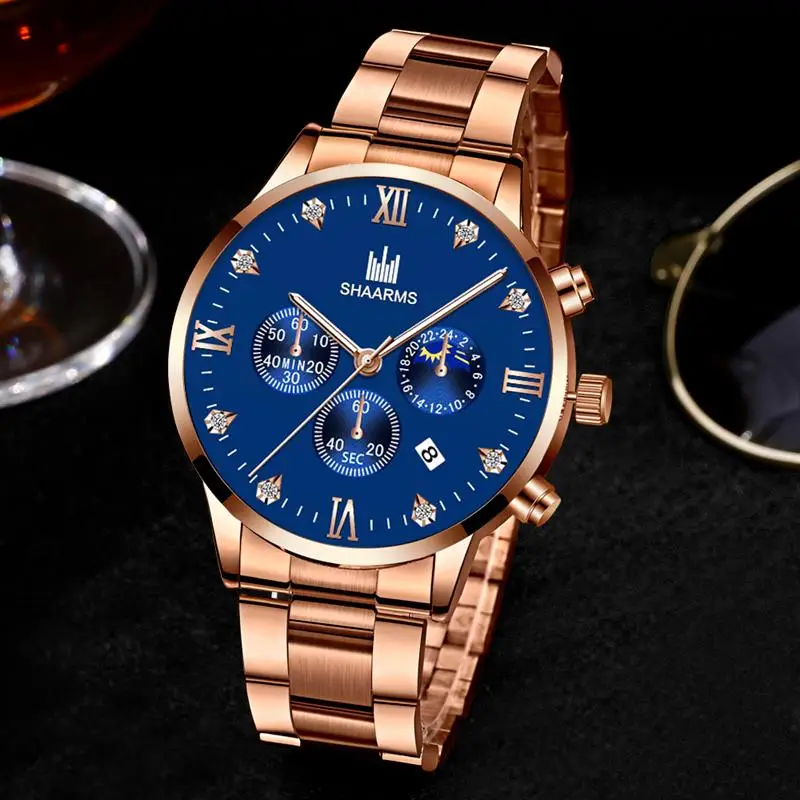 Shaarms Mens Watches Luxury Alloy Case Roman Numeral Display Date Dial Quartz Wristwatch Casual Business Watch Man Clock
