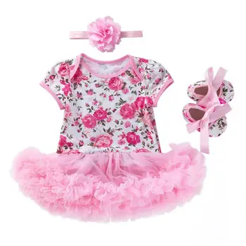 

Baby Kid Girl Cotton Clothes Set Summer Temperament 4pcs Korean Lovely Short Sleeve Flower Mesh Jumpsuit Headband Shoes