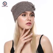 CHING YUN кашемировая вязаная шапка мягкая новая модная зимняя теплая Цветочная Стразы Высококачественная шерстяная женская шапка однотонная вязаная шапка