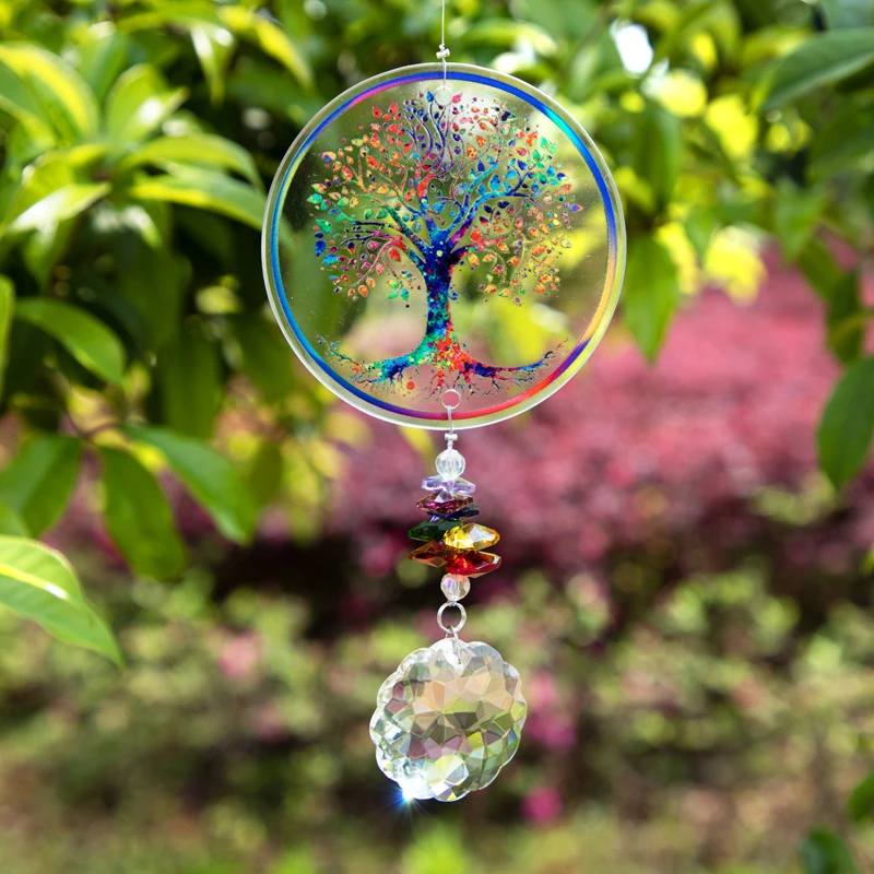 H&D Chakra Tree of Life Suncatcher Handmade Crystal Mandala Prism Decor Window Car Wall Art Hanging Ornament for Home Office sun catcher,sun catchers,window ornament