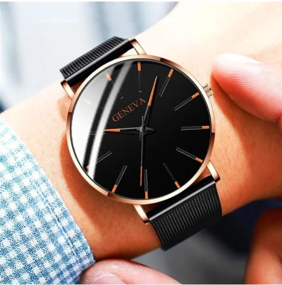black and orange Мужские часы, ультра-тонкие деловые мужские часы, кварцевые часы, ремешок из нержавеющей стали, простые наручные часы, часы zegarek meski - Цвет: black and orange