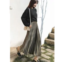 Корейская черная эластичная лента-пояс макси юбка бархатная плиссированная длинная юбка Женская Осень Зима миди-юбка с высокой талией