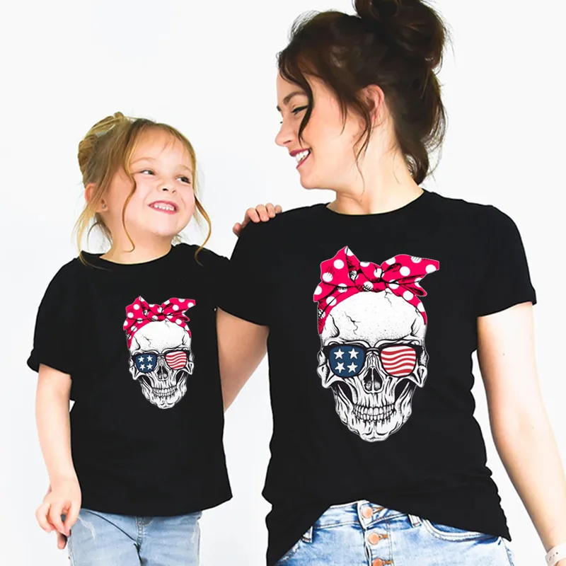 Mommy and Me череп забавная футболка для мамы и дочки Одинаковая одежда всей семьи