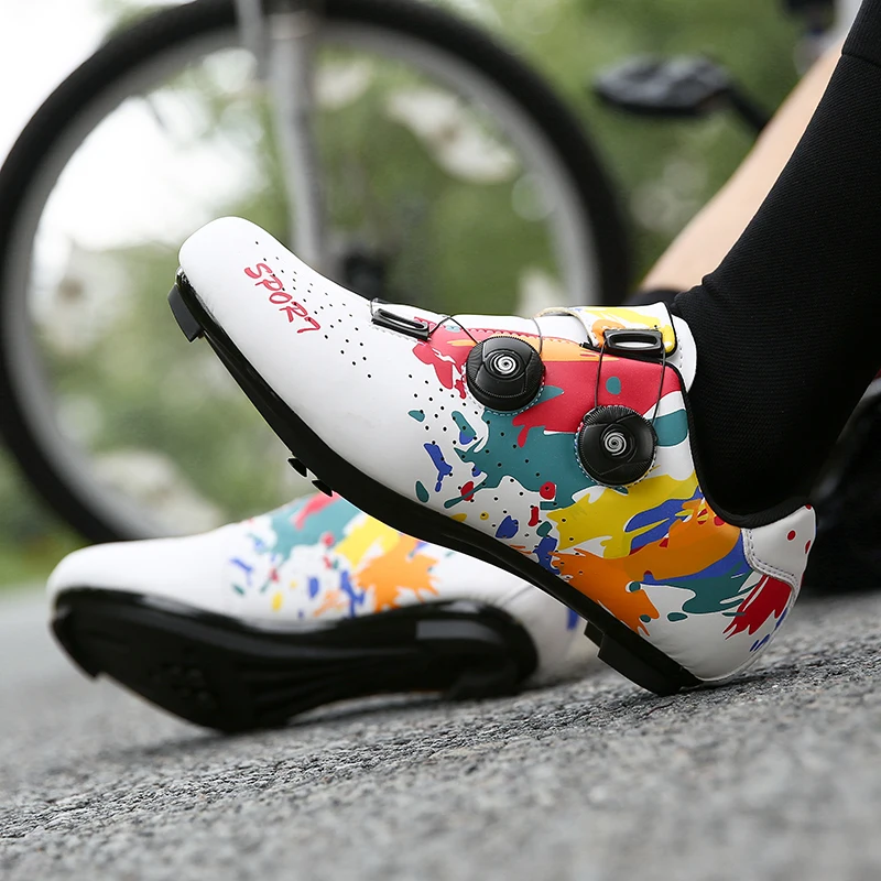 Cycling Shoes Double Buckle Graffiti Racing Bicycle Cleat Professional Self-Locking MTB Bike SPD
