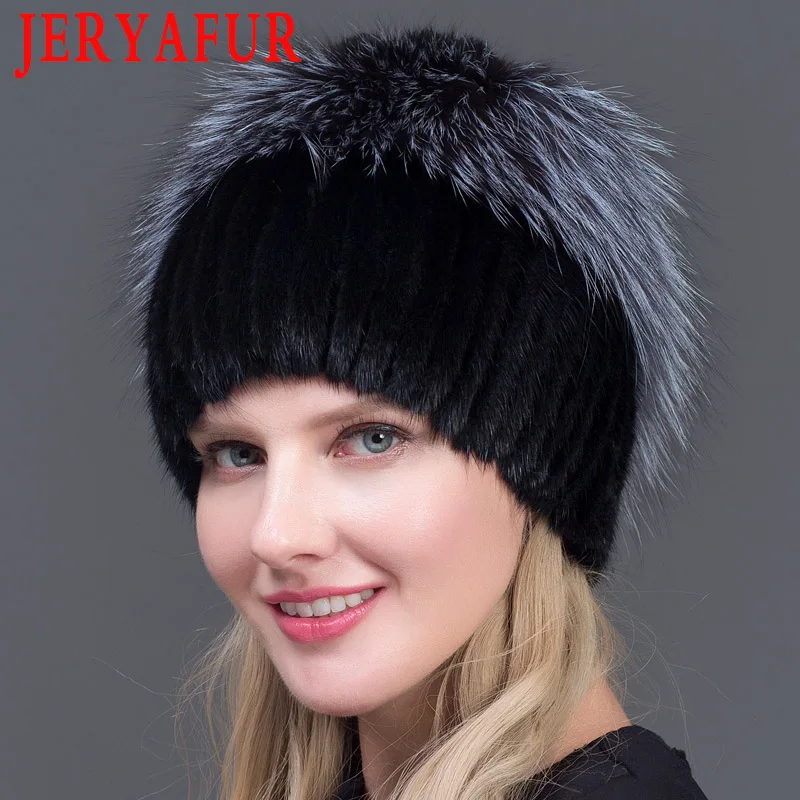 BLACK JERYAFUR натуральная черно-бурая лиса меховая шапка женская натуральная норковая меховые зимние шапки для женщин розовые стразы Лоскутные разноцветные шапочки - Цвет: BLACK