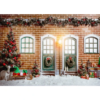 

Christmas Photography Background Decorated Rustic Brick House Xmas Tree Snowfield Decoration Backdrop Child Adult Portrait